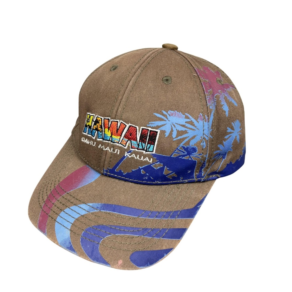 Hawaii Hat Cap Strap Back Brown Blue Embroidered Palm Trees Oahu Maui Kauai Mens
